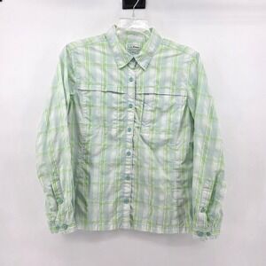 LL Bean Womens Green Plaid Roll Tab Sleeve Hiking Shirt Large L REG Vent Back